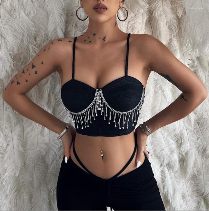 

Women's Tanks 2023 Summer Women's Slim Fit Tank Top With One Line Neck Rhinestone Tassels And Sexy Umbilia, Black