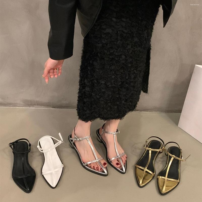 

Sandals Women Brand Fashion Narrow Band Flat Heel Ladies Gladiator Shoes Pointed Toe Ankle Buckle Zapatos Muje, Black