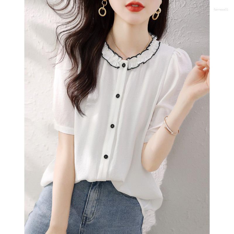 

Women's Blouses Summer Fashion Color Block Single-breasted Blouse Women Classic Short Sleeve O-collar All-match Office Casual Lady Shirt, Black