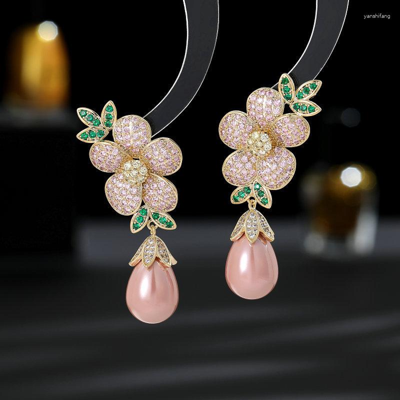 

Dangle Earrings Sweet Statement Pearl Flowers For Ladies Micro Pave Cubic Zirconia Long Temperament Fashion Eardrop Jewelry