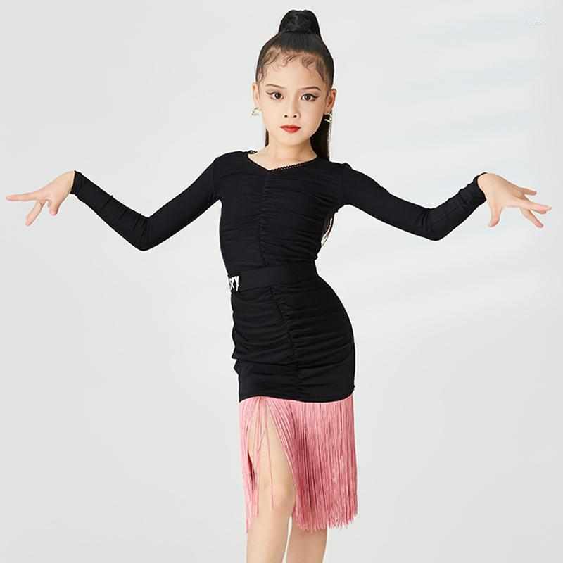 

Stage Wear Girls Latin Dance Dress Black Long Sleeves Pink Fringe Cha Costume Rumba Competition Clothing Ballroom DNV17114, Picture shown