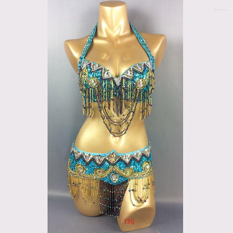 

Stage Wear Belly Dance Costume Adjustable Set Halter Sequin Hand Beaded Performance Outfits Club Party Festival Rave Sexy, Blue