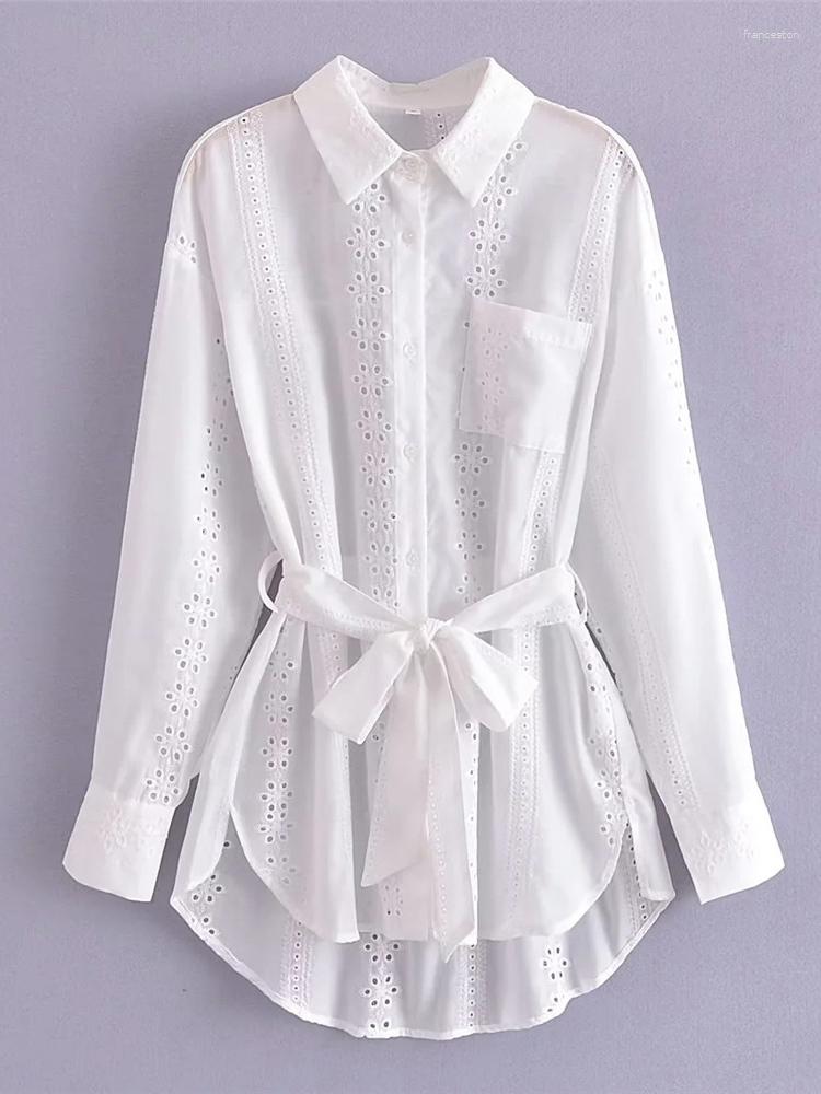 

Women' Blouses 2023 Fashion Embroidery Hollow Out Womens Long Shirts Oversize Summer Chic Girl Streetwear Loose Cotton Tops With Belt Femme, White