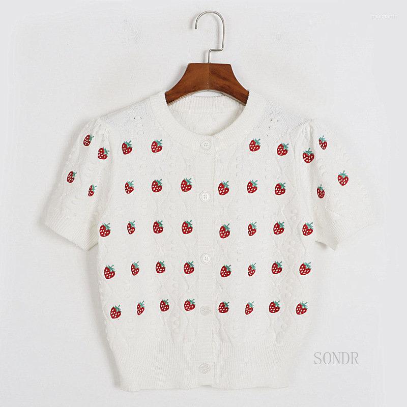 

Women's Knits Strawberry Embroidery Summer Cardigan 2023 Women Spring Short Shirt Knitwear Woman High Waist Tee Tops, White