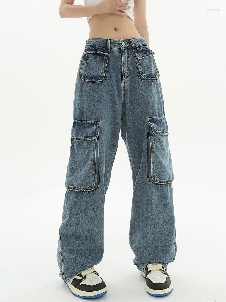

Women' Jeans Multi-Pocket Blue Color Women Straight Baggy Jean Trousers High Waist Wide Leg Female Denim Pant American Style Retro, Black