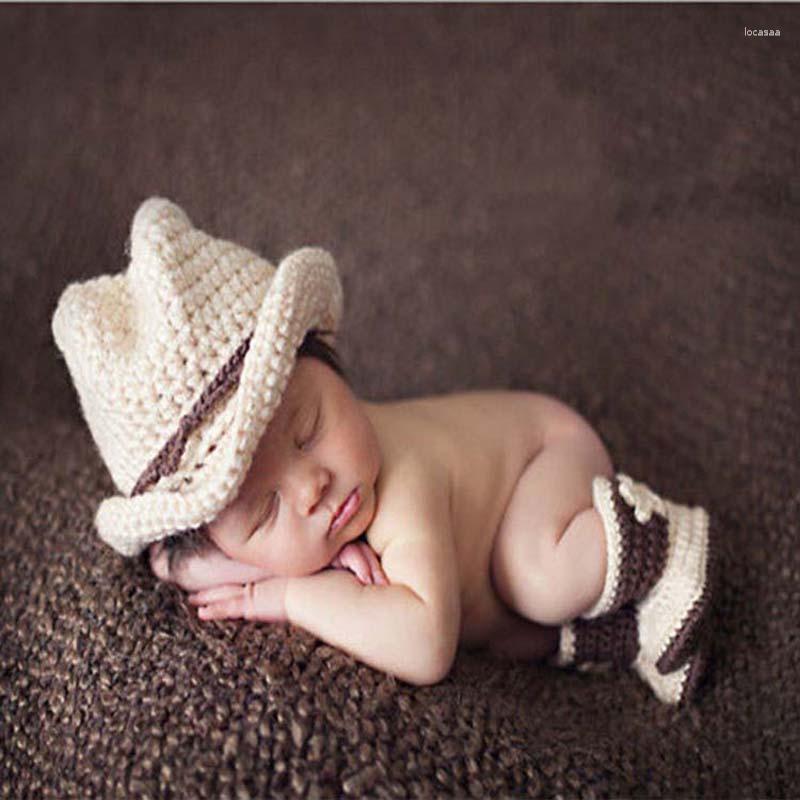 

Clothing Sets Handmade Knit Baby Cowboy Hat And Boots Set Born Boy Pography Props Crochet Cap With Booties Shoe 1set H224