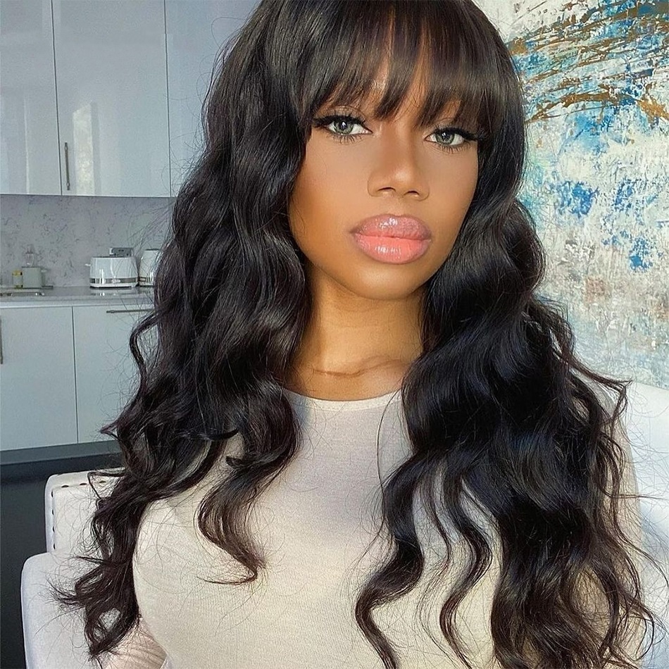 

Body Wave Wig with Bangs Human Hair Wigs for Women Humain Full Machine Brazilian Wigs Glueless Wig Human Hair Ready To Wear, Natural color