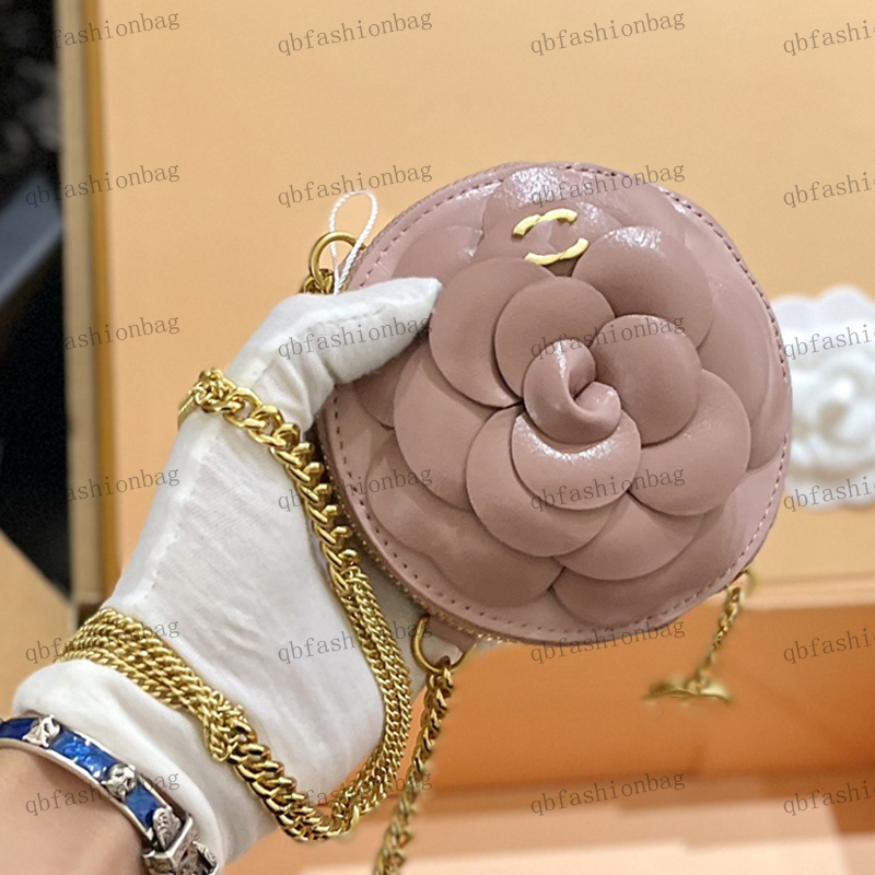 

Designer Ladies Round Cake Makeup Bag Leather Three-Dimensional Camellia Hardware Metal C Button Small Pendant Classic Gold Chain Crossbody Bags Handbag 12cm, Box