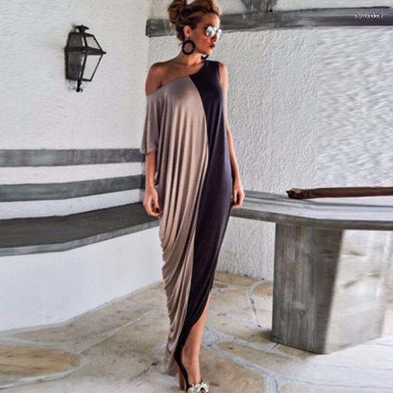 

Party Dresses Summer Fashion Beach Long Dress Women's Off Shoulder Casual Maxi Round Neck Loose Stitching Vestido, Khaki