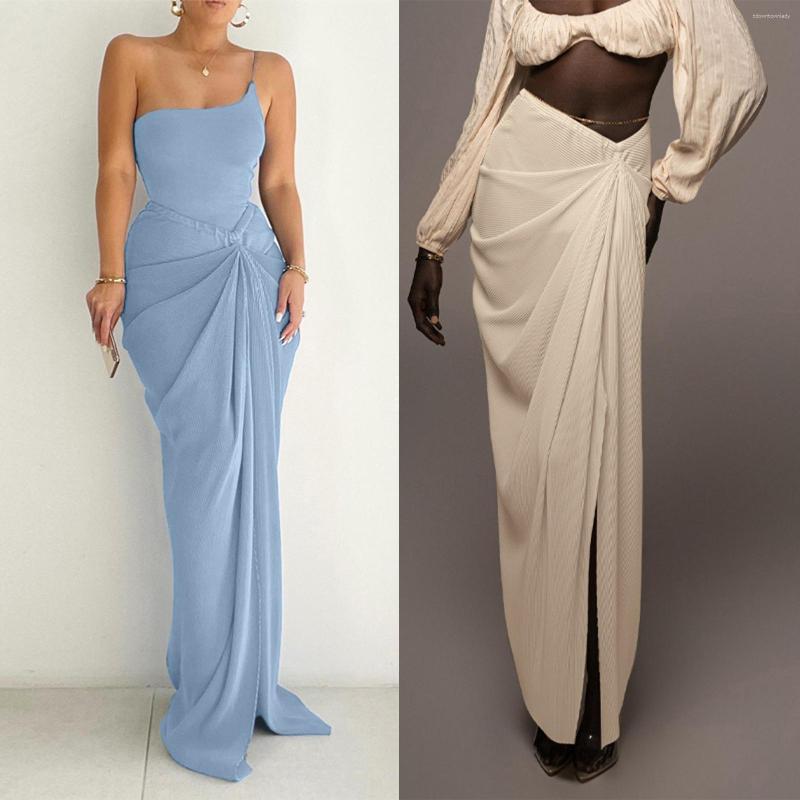 

Skirts Women Sexy Long Split Solid Color Asymmetry Hem Pleated Low-waisted Fashion Simple Casual Holiday Vacation, Blue