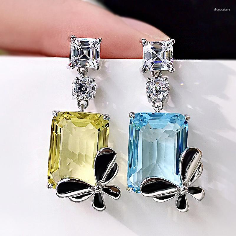 

Stud Earrings Butterfly 925 Sterling Silver Emerald Cut 8 10MM Square Blue Topaz High Carbon Diamond Gemstone Dangle Fine Jewelry