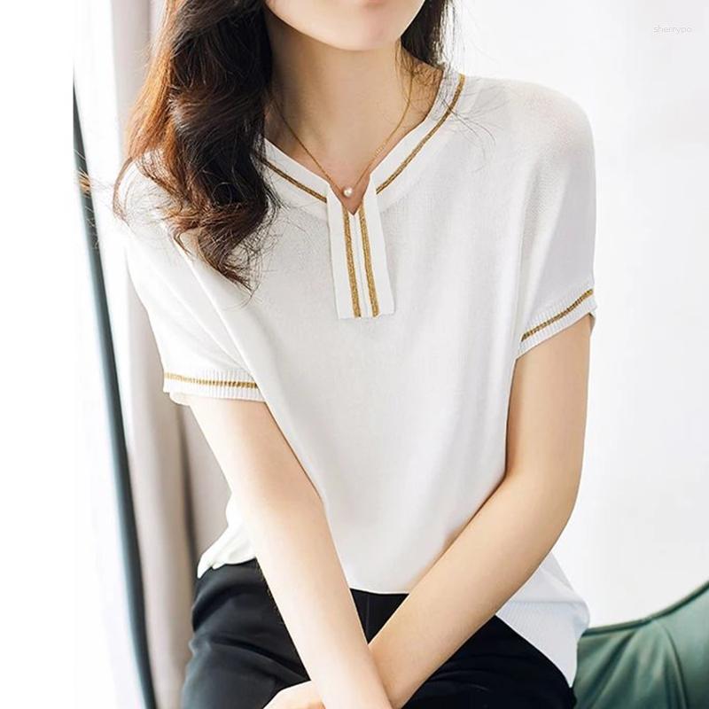 

Women's T Shirts 2023 Summer Thin V Neck Shirt For Women Short Sleeve Pullover Tshirts Female Casual Knitted Top White Tee Femme Camiseta, Black