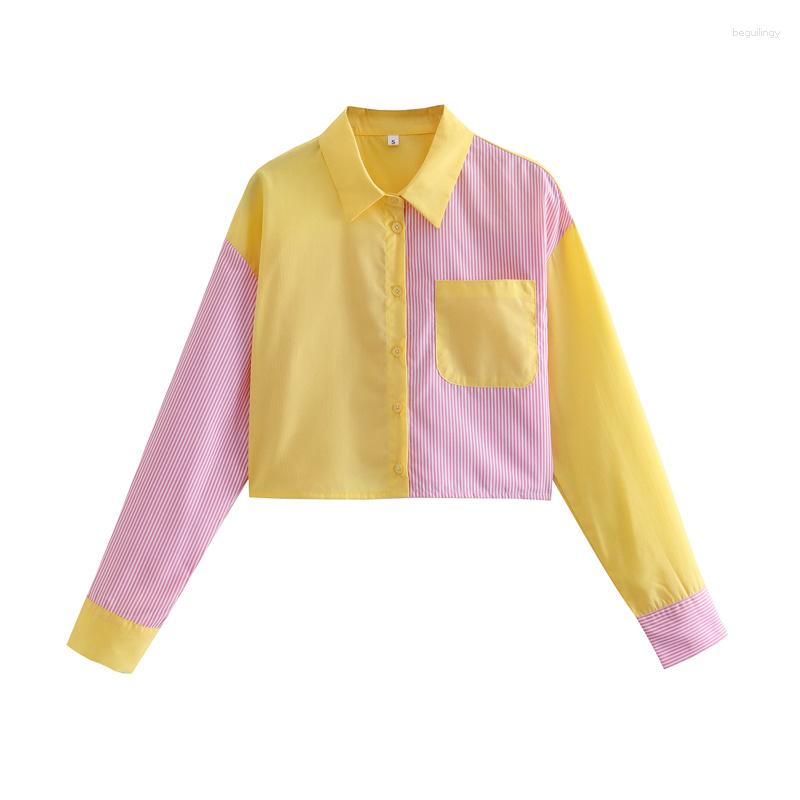 

Women' Blouses Women 2023 Fashion Color Matching Short And Loose Vintage Long Sleeve Button-up Female Shirts Chic Tops, Gold