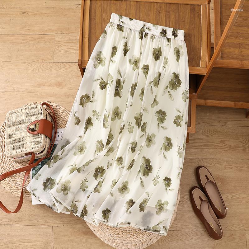 

Skirts Fashion Printed Organza High Waist A-line Large Swing Slim Long Skirt, Black