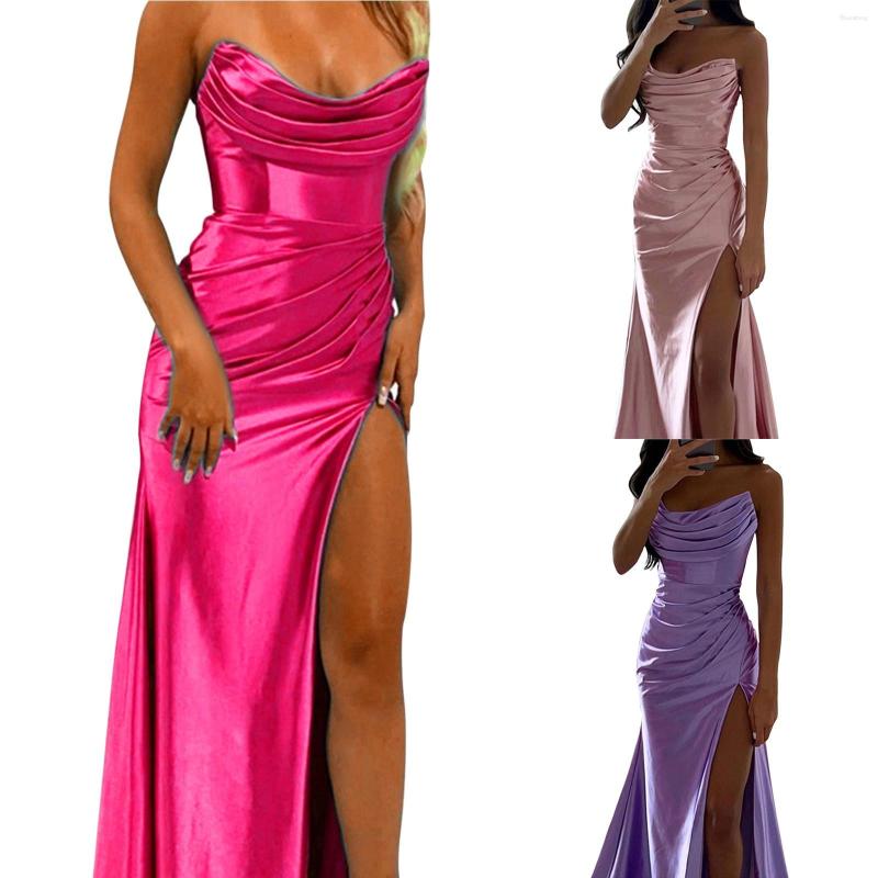 

Casual Dresses Women'S Ball Dress Elegant Backless Gown Silky Satin Spaghetti Party With Chest Spread Side Slit Wedding Evening, Pink