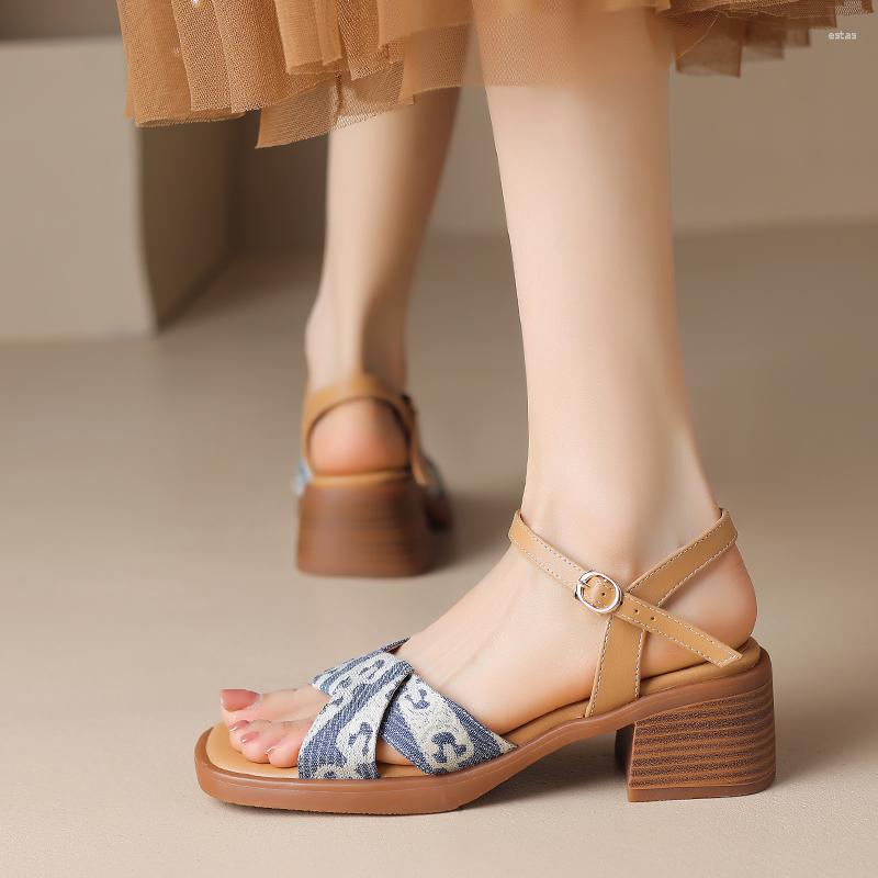 

Sandals Summer Shoes For Women Casual Beach Open Toe Elegant 5cm Med Heels Ankle Strap Party Female Blue Large Size 34-43, Beige