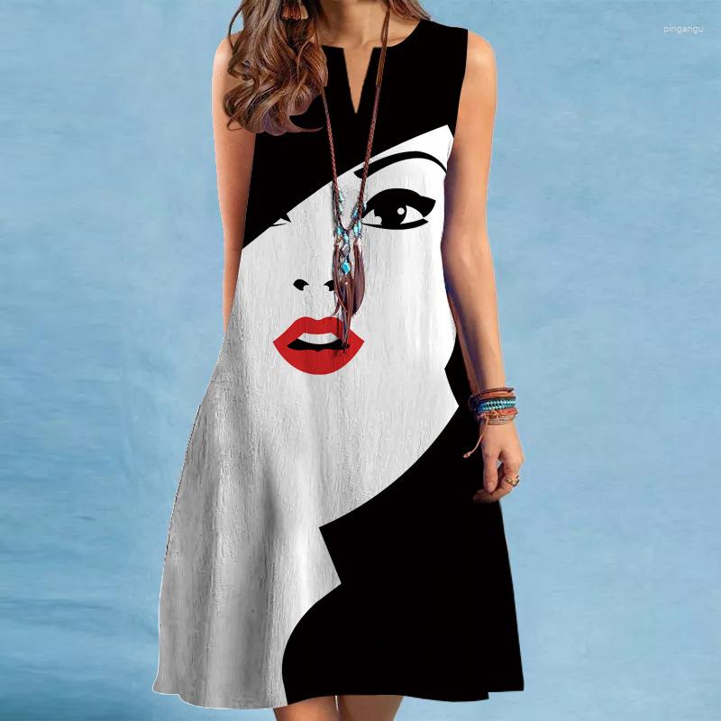 

Casual Dresses For Women 2023 Fashion V-Neck Sleeveless Sexy Printing Large Swing Mid Length Elegant Vintage Dress Office Vestidos, 8185-138