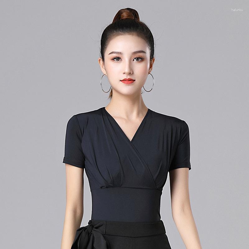

Stage Wear Latin Dance Tops Jumping Ballroom Clothing Net Summer Red Female Modern Practice Clothes Pleated Mesh In Short, Black-short sleeve
