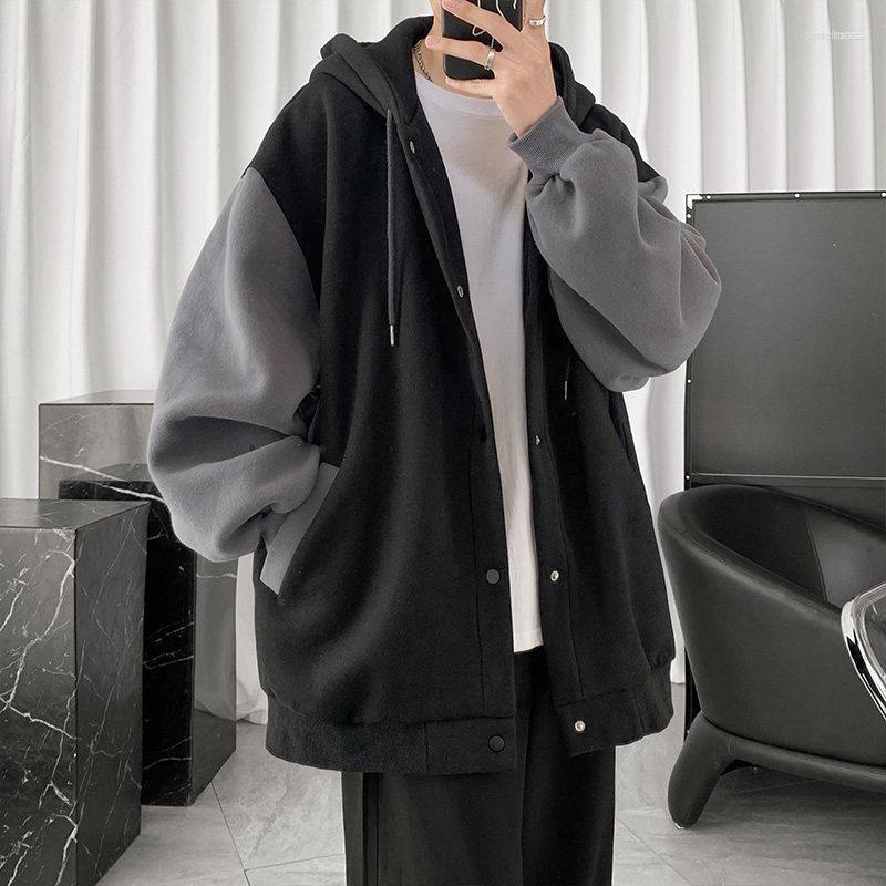 

Men's Hoodies Men's Fleece Hoodie Winter Clothing Single Autumn Casual Coat Patchwork And Breasted Korean Loose Men Hip Hoody Hop, Gy thin