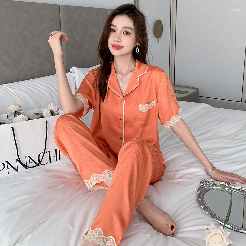

Women's Sleepwear Jxgarb Summer Short Sleeve With Trousers Two Pieces Ice-silk Women's Pajamas Set Elegant Lace Trim Jacquard Casual, White