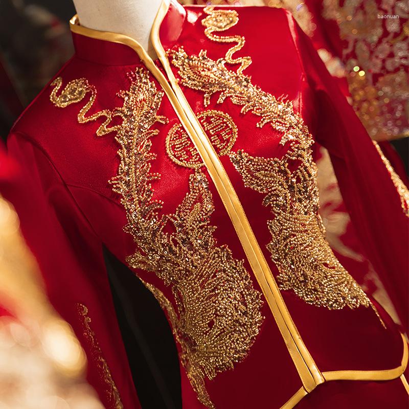 

Ethnic Clothing Chinese Style Phoenix Embroidery Traditional Cheongsam Vintage Formal Sequins Beading Qipao Women Man Oriental Wedding Dress