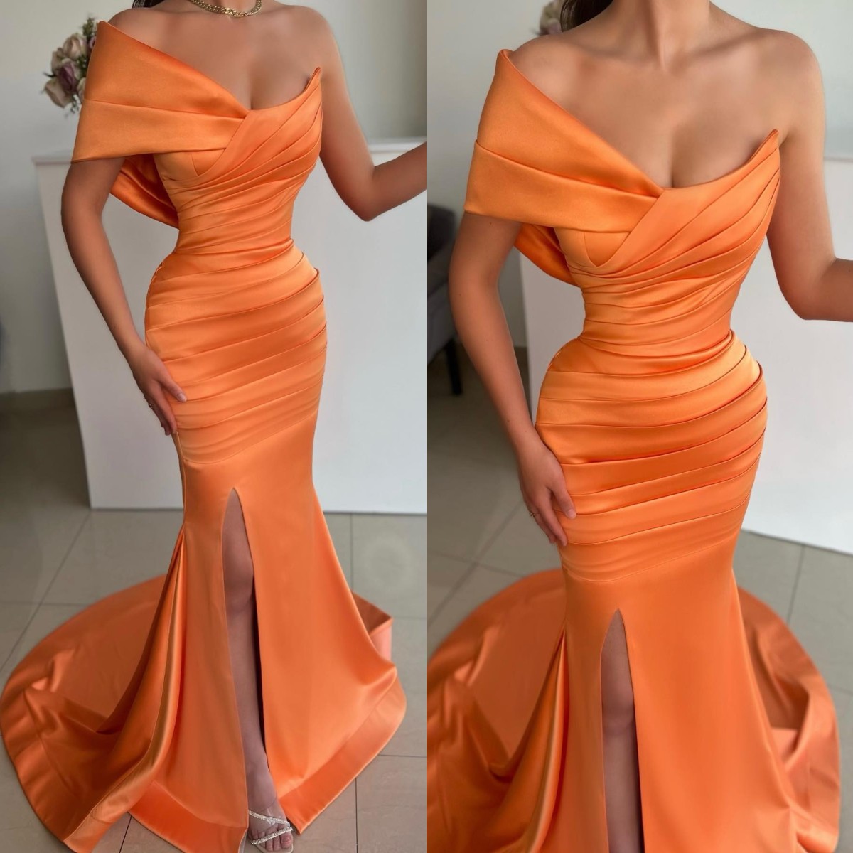 

Elegant Orange Evening Dresses Off Shoulder Split Party Gown Prom Dress Sweep Train Pleats Formal Long Dress for red carpet special occasion, Customize