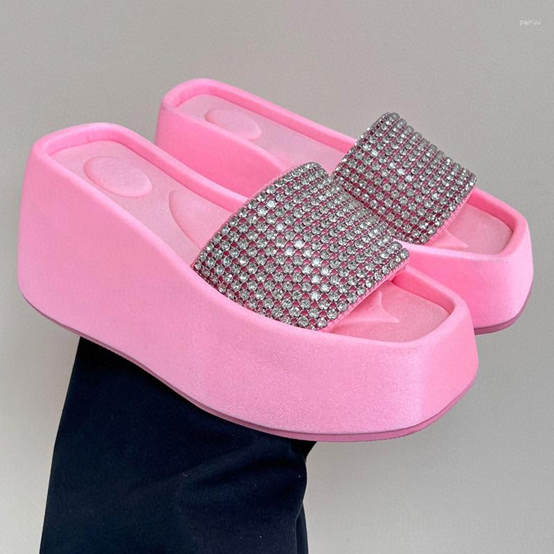

Slippers Summer Women Satin Material Rhinestone Decor Female Wedges Shoes Simple Comfortable Square Toe Flat, Black