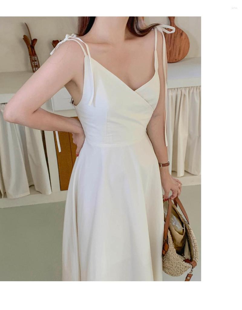

Casual Dresses Summer French Temperament Cross V-neck Retraction Waist Showing Slimming Solid Color Sleeveless Suspender Dress Long Skirt, Beige