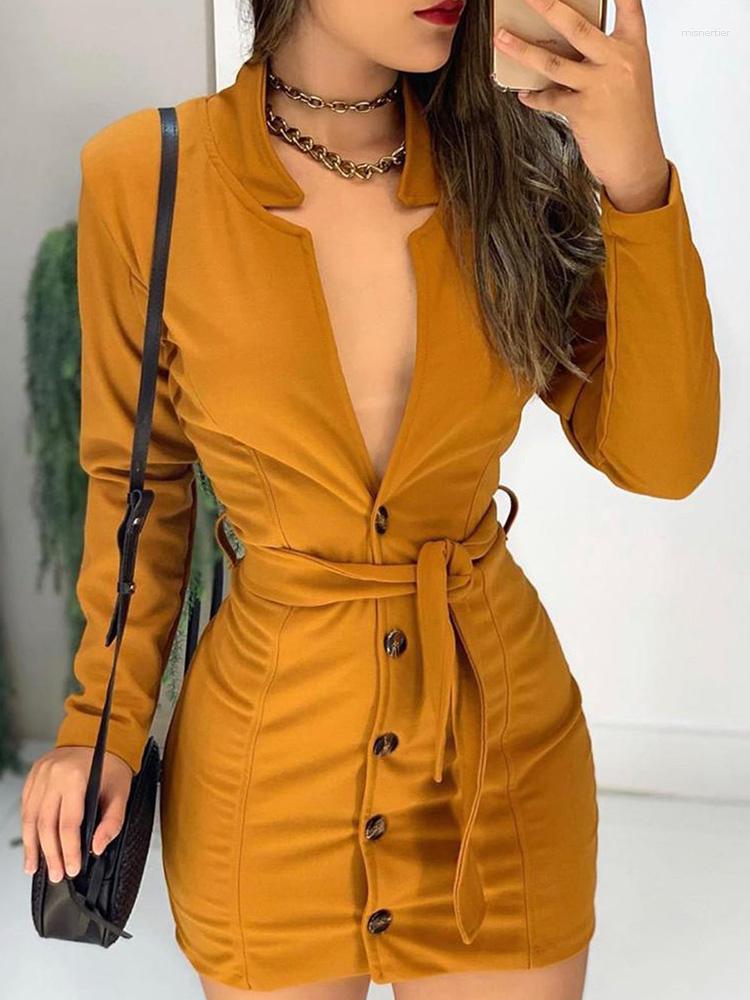 

Casual Dresses MKDLUFI Sexy Plunge Buttoned Bodycon Dress Women Elegant Long Sleeve Deep V-neck Skinny Work, Yellow