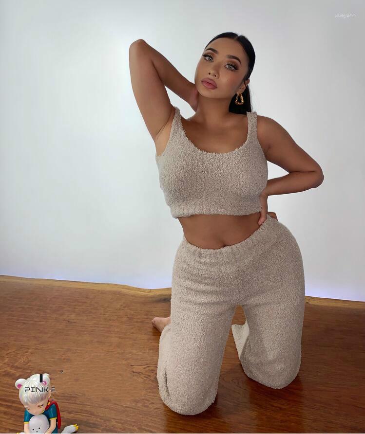 

Women' Two Piece Pants Solid Color Women Tracksuits Fuzzy 2 Pieces Set Tank Cropped Top And Sets Fluffy Suit Casual Femme Outfits, Blue