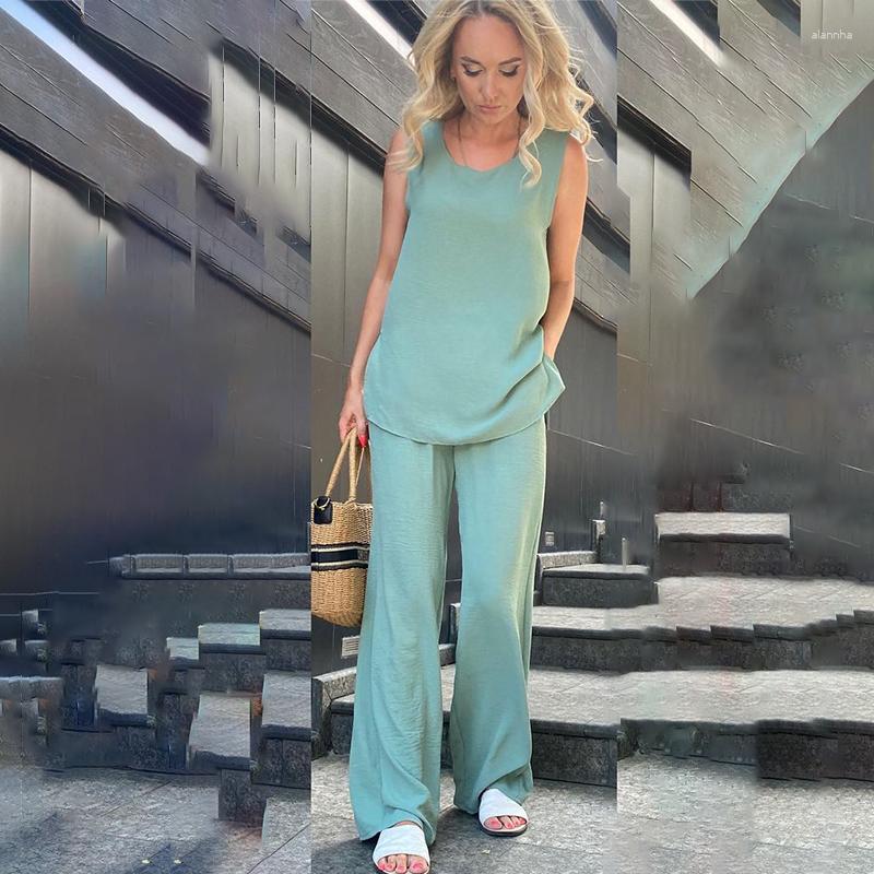 

Women's Two Piece Pants Ardm Casual O-Neck Loose 7 Color Summer Pant Sets Wide Leg Trousers Sleeveless Solid Home In For Women 2023, Royal blue