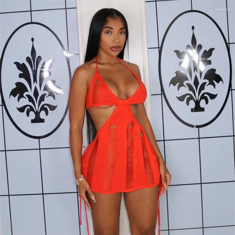 

Women' Swimwear Dress Women Summer For The Beach Outfit 2023 Sexy Lace Up Neck Knitted High Waist Tight Solid Color Spandex Clothes Bikini, Orange
