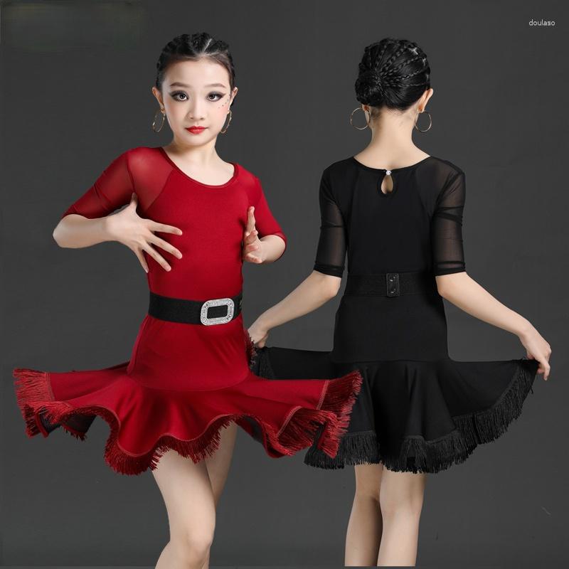 

Stage Wear Latin Dance Dress For Girls Children Spring Summer Competition Practice Clothes Professional Examination Tassel, Black