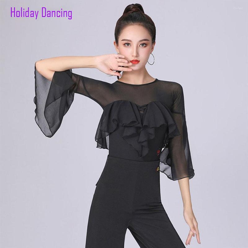

Stage Wear 2023 DB545 Lotus Sleeve Patchwork Female Latin Dance Dress Women Bodysuit Dancing Tops Belly Ballroom Performance, Bodysuit 002