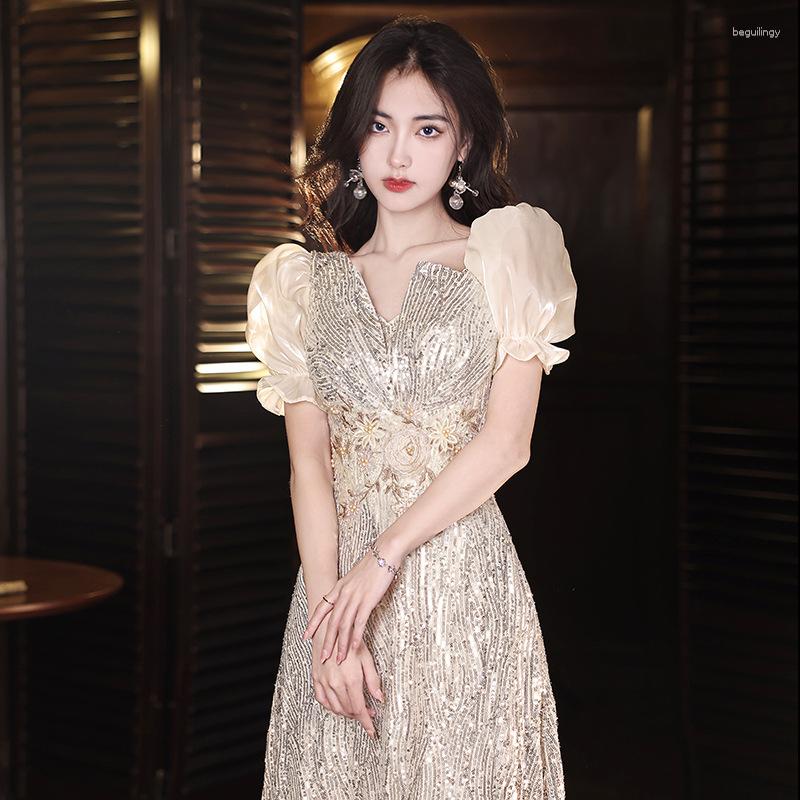 

Ethnic Clothing Sequin Luxury Dresses Bubble Sleeves High End Light Banquet Dress French Long Performance Sexy Women's V-neck Vestidos