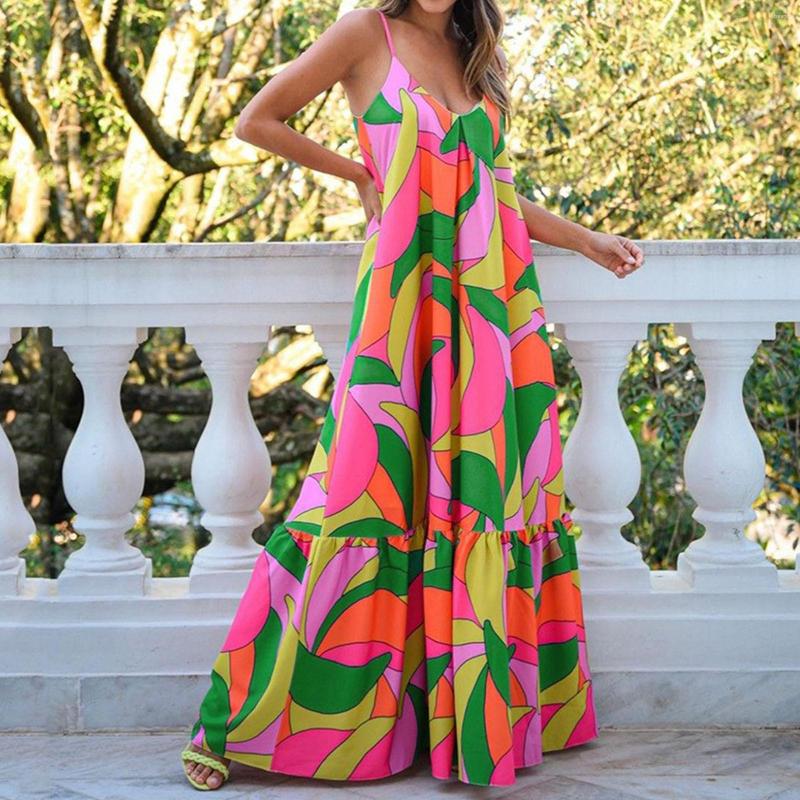 

Casual Dresses Summer Dress Women Sleeveless Suspender Fashion Print V-neck Elegant Women's Clothing Long Leisure Commute Maxi, Hot pink