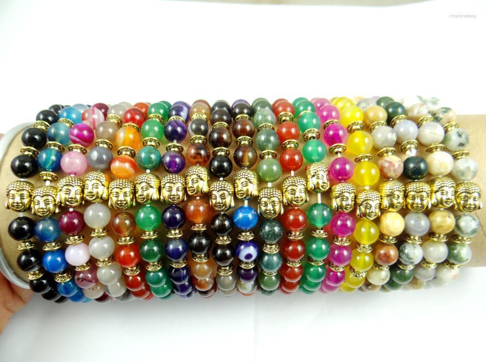 

Strand Round Shape Natural Stone Bracelet Gold Buddha Head Lapis Turquoises Crystal Beaded Stretch 8MM