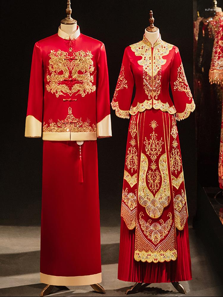 

Ethnic Clothing Chinese Style Wedding Dress Cheongsam Beaded Tassel Marriage Suit Oriental Bride Bridegroom Vintage Qipao