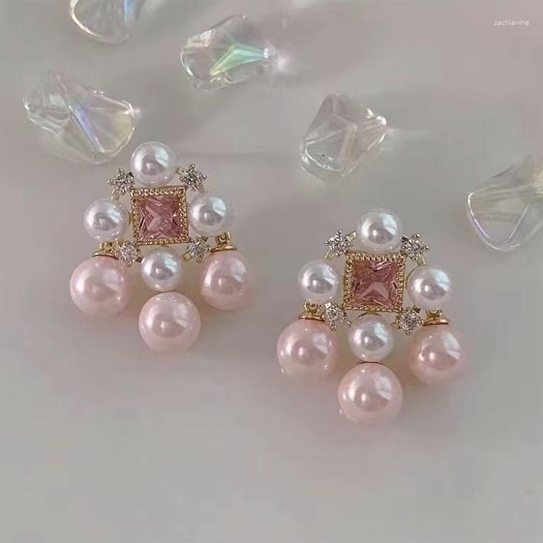 

Dangle Earrings Pink Tassel Pearl Retro Exquisite Rococo Style Gorgeous Zircon