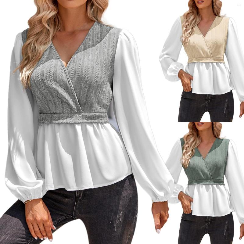 

Women' Blouses Women' Color Matching Casual V Neck Patchwork Long Sleeved Top Shirt Woman Tee Menswear, Beige