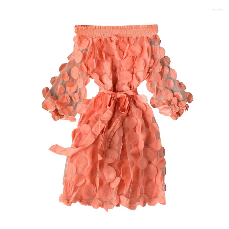 

Casual Dresses Spring And Autumn Three-Dimensional Flower Dress Sexy One-Word Neck Puff Sleeves Waist Slimming Lace Mesh Women, Picture color