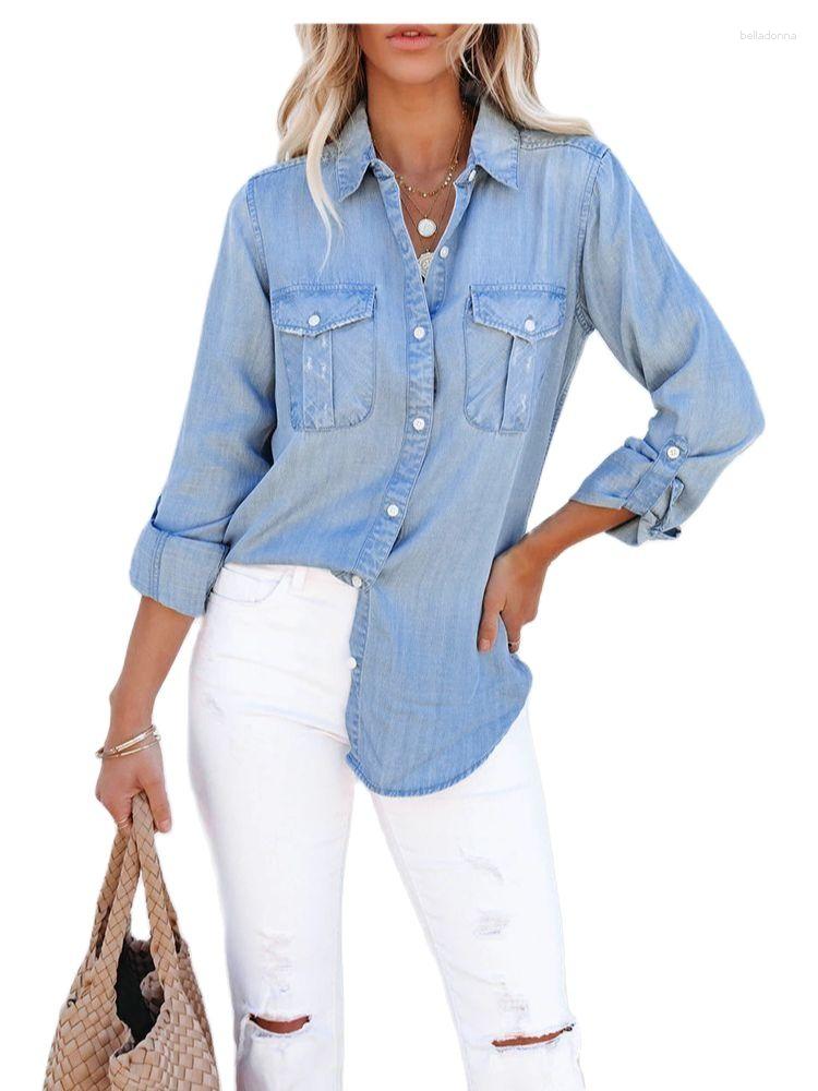 

Women' Blouses 2023 Women Long Sleeve Lapel Thin Denim Shirt Fashion Mid Length Jeans Tops Street Casual Coat Clothing -XL Drop, Blue