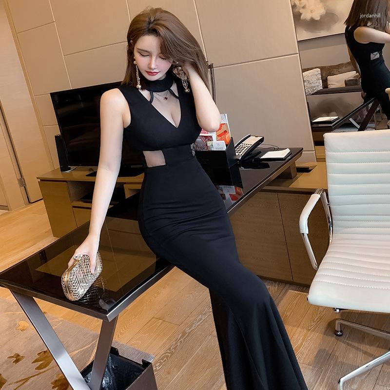 

Party Dresses Sexy Deep V-Neck Cocktail Solid Color Slim Ankle-Length Sleeveless Gowns Hollow Out Lllusion Mermaid Empire Dress, Black