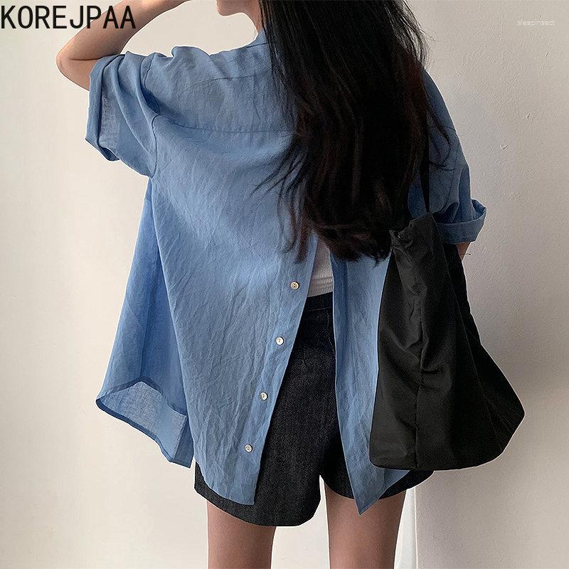 

Women's Blouses Korejpaa Casual Versatile Shirts Korean Fashion Short Sleeve Shirt For Women 2023 Summer Back Button Split Camisa Feminina, Blue