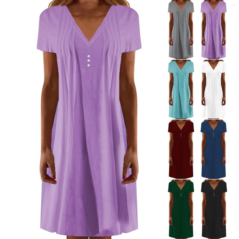 

Casual Dresses Women's V Neck Pleated Button Solid Color Short Sleeved Dress Gauzy For Women, Black