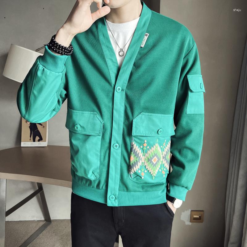 

Men's Jackets Fashion Men's Casual Jacket Plaid Print Pocket Patchwork Long Sleeve V-Neck Versatile Knit Tide Brand Work, White