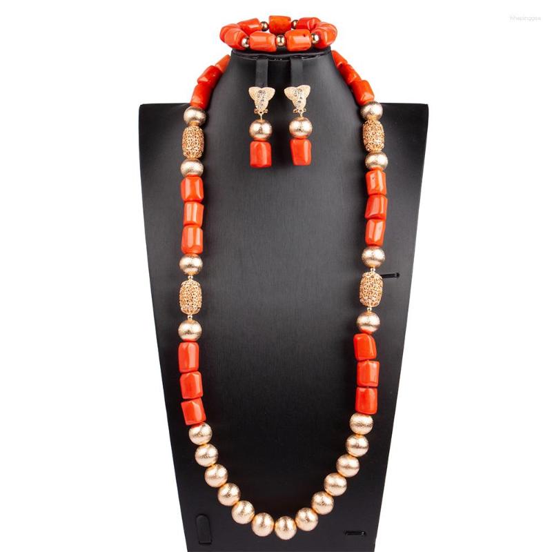 

Necklace Earrings Set 32 Inches Original Coral Beads African Jewelry Single Layer Nigerian Wedding Bridal Gift ABG182, Picture shown
