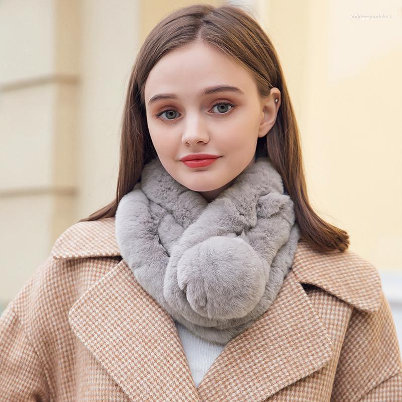 

Scarves Winter Genuine Real Rex Fur Scarf Women Natural Warm Thicken Imitation Muffler Lady Quality With Ball