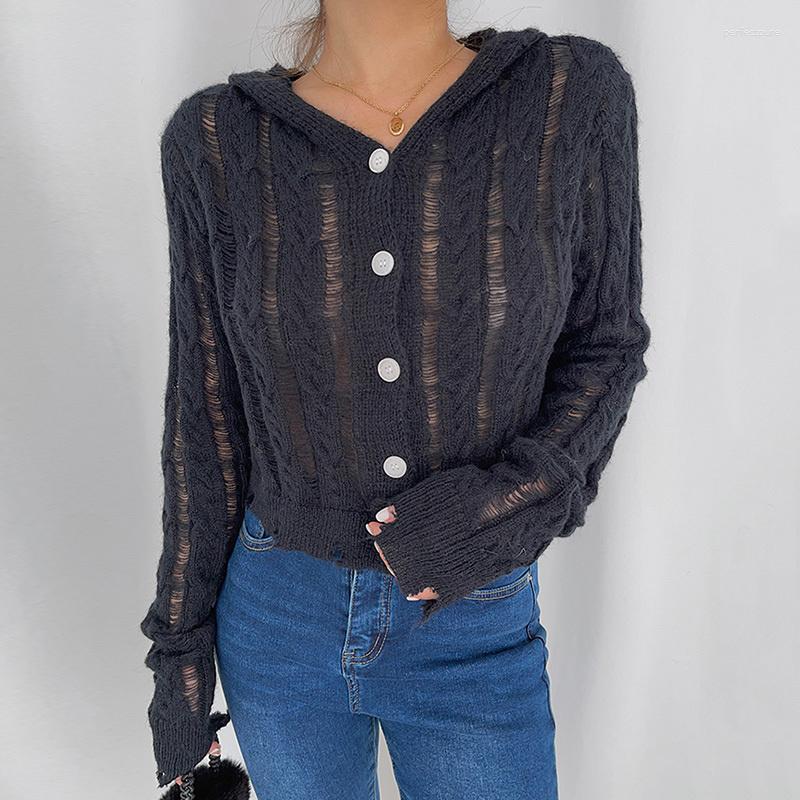 

Women's Knits Crop Hooded Women's Cardigan Sweater Autumn Long Sleeve Single-breasted Frayed Crochet Hollow Out Knitted Coats Pull Femme, Grey
