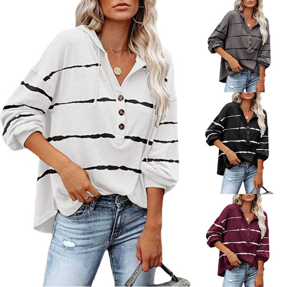 

2022 Women's Sweater Autumn and Winter New Striped V-neck Button Casual Hooded Top faux black womens leather pu jacket jackets for Women, White